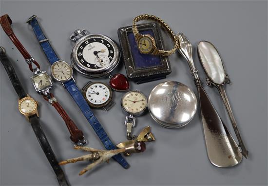 A ladys 9ct wristwatch, other watches, silver pill box and sundries.